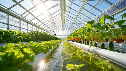 Indoor agricultural cultivation of plants in a glass greenhouse for horticulture