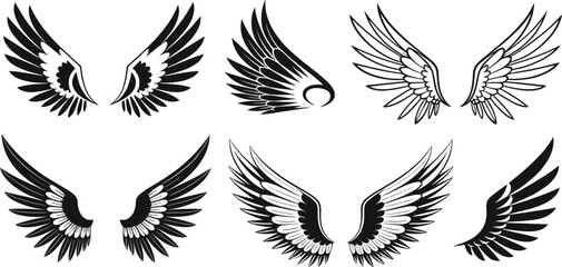 Stylized Black and White Wings Vector Collection for Tattoo, Logo Design, Freedom, and Angelic Symbolism.