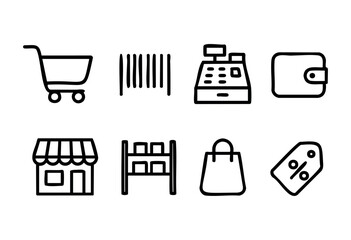 Various shopping symbols are arranged to illustrate retail activities. These include a shopping cart, cash register, wallet, store, shelf, bag, and discount tag, all in black and white.