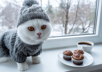 White cat wearing a knitted hat and sweater sits by the window.