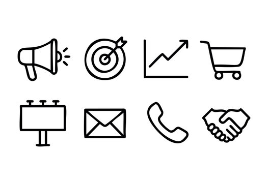 Various marketing icons depict key concepts such as communication, sales, and advertising strategies in a minimalistic style perfect for presentations or educational materials.