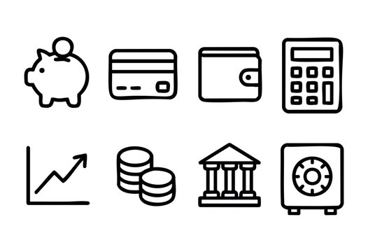 Various black and white icons illustrate important financial topics, showcasing a piggy bank, credit card, wallet, calculator, charts, coins, a bank, and a safe, emphasizing money management.