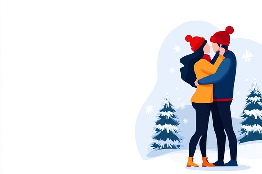 Embracing couple stands together in a snowy park with fir trees and falling snowflakes.