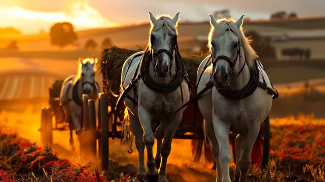 Horses carting at sunset. Horses pull a cart filled with hay as the sun sets over the open field, creating a warm glow in the sky.