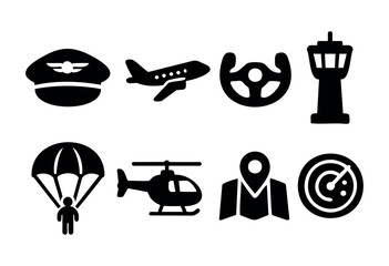 Various symbols represent aviation and transportation, including a pilot's hat, airplane, steering wheel, control tower, parachutist, helicopter, location marker, and radar.