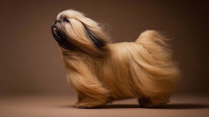Dog with long, flowing fur, standing in a studio setting against a brown background, side view, copy space.