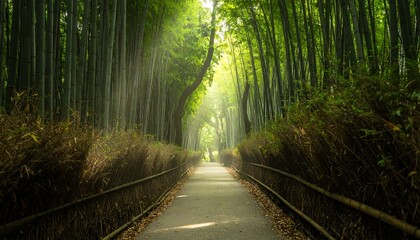 Pathway through a lush bamboo forest with dappled sunlight filtering down onto the walkway
