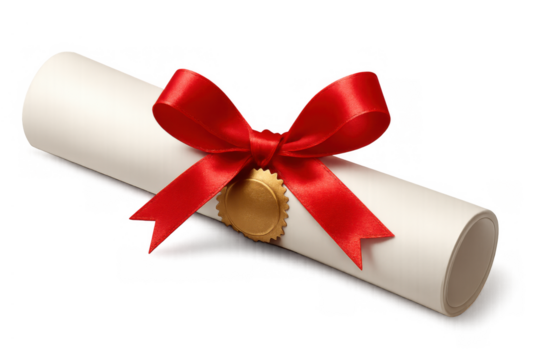 Diploma scroll with red ribbon and gold seal representing academic achievement and graduation on transparent background