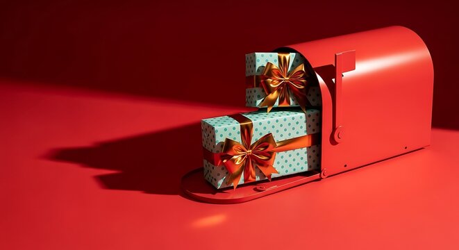 A cheerful red mailbox on a bright red background, overflowing with beautifully wrapped blue gift boxes adorned with orange bows, symbolizing special deliveries and festive surprises