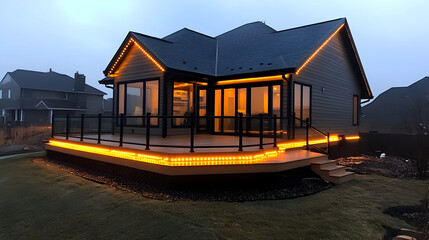 Modern outdoor stair railing with recessed LED strip lighting. Yellow light illuminates glass panels. Transparent rain-wet glass panels make up stair railing. Steel railing bars part of modern