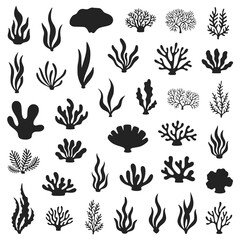 Dive into Design with this Collection of Seaweed, Shells, and Coral Silhouettes, Perfect for Nautical Themes, Underwater Illustrations, and Marine Biology Projects, Originally Vector Graphics