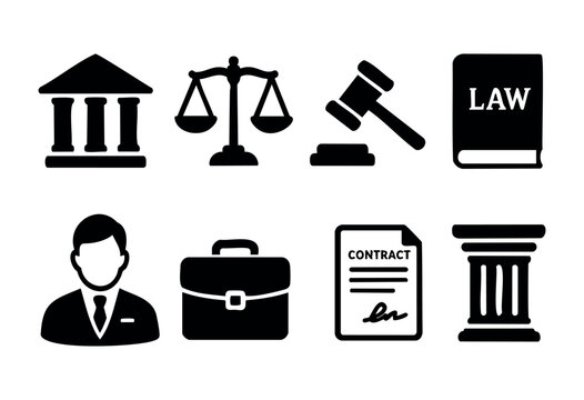 Various legal symbols showcase concepts of law and justice. Included are a courthouse, scales, gavel, law book, briefcase, contract, and a person in a suit, creating a cohesive legal theme.