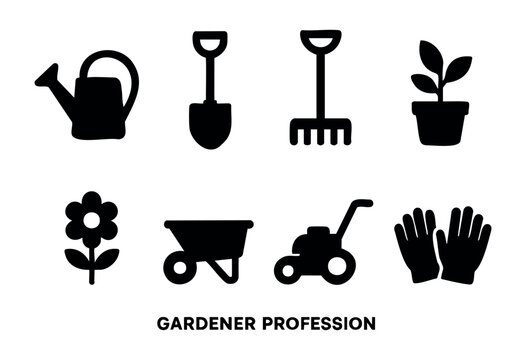 Simple black symbols illustrate various gardening tools. Items include watering can, shovel, rake, plant pot, flower, wheelbarrow, lawnmower, and gloves, highlighting the gardener profession.