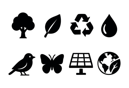 Various icons illustrate important environmental themes including trees, leaves, water conservation, recycling, and renewable energy sources like solar power and wildlife. - Powered by Adobe