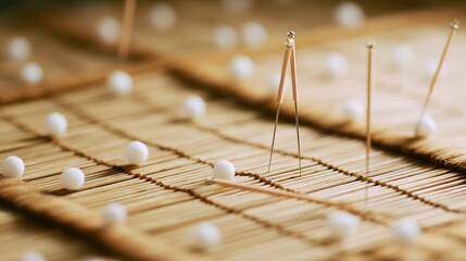 Acupuncture needles, metallic with coiled handles, placed on a bamboo mat with white cotton balls, close-up view, copy space.