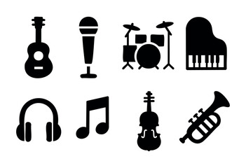 A collection of black icons featuring musical instruments including a guitar, piano, drums, and accessories like a microphone and headphones, ideal for a music project.
