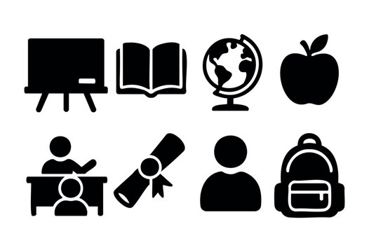 Various icons highlight aspects of education, showing a classroom setting with tools like a globe, books, and symbols of student achievement and resources.
