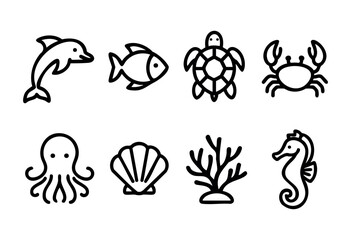 This collection showcases fun and stylized line drawings of various sea creatures, including dolphins, turtles, crabs, and octopuses, perfect for marine life enthusiasts and designers.