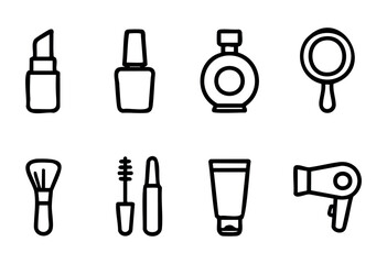 Various beauty items include lipstick, nail polish, perfume, and tools like a brush and hairdryer, showcasing a minimalistic aesthetic ideal for makeup lovers.