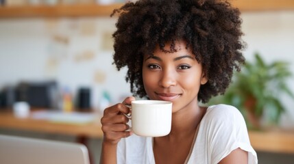 A woman enjoys a comforting warm drink while sitting in a cozy cafe. She has a joyful expression as sunlight filters through the window, creating a peaceful atmosphere