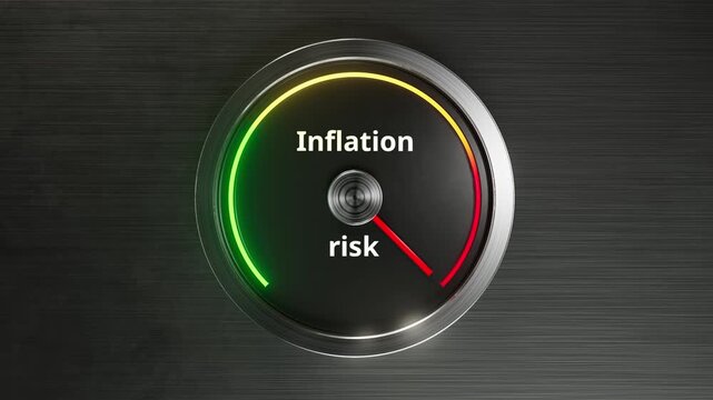 Animated gauge showing Inflation risk increasing toward red. Perfect for inflation topics, economic volatility, financial analysis, macro trend presentations and data visualization projects.