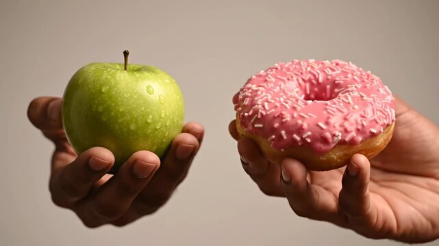 Two male hands offering a choice between a healthy fresh green apple and an unhealthy sweet pink donut, symbolizing the dilemma between healthy eating habits and junk food temptation