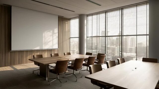 Spacious modern conference room with large windows, wooden tables, office chairs, and a presentation screen overlooking a bright urban skyline