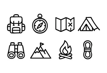 Items for outdoor exploration are displayed, featuring a backpack, compass, map, tent, binoculars, mountains, campfire, and rope, emphasizing preparation for adventure in the wild.