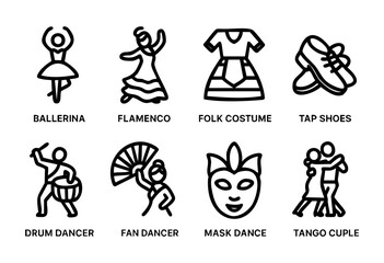 Stylized drawings depict various dance forms and costumes showcasing ballet, flamenco, and folk styles with dancers performing and holding props like fans and masks.