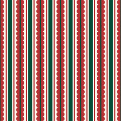Retro Scalloped Edge Red and Green Vertical Stripes Seamless Pattern for Christmas Fabric and Holiday Textile Print
