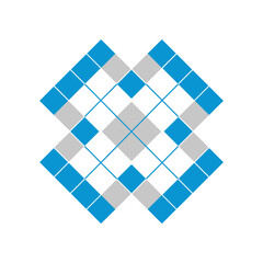 Abstract geometric mosaic pattern with blue and grey squares.