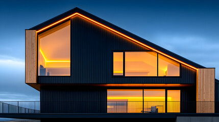 Modern outdoor stair railing with recessed LED strip lighting. Yellow light illuminates glass panels. Transparent rain-wet glass panels make up stair railing. Steel railing bars part of modern