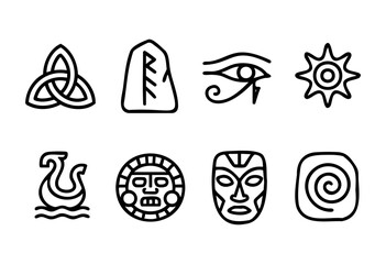 A collection of eight distinct symbols showcases the artistry of various ancient cultures. The artwork includes motifs inspired by Nordic and Mesoamerican traditions featuring spiritual themes.