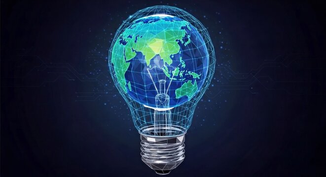 Low Poly Wireframe Eastern Hemisphere And Digital Light Bulb Idea