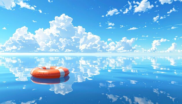 Serene ocean view featuring a bright orange and white life preserver bobbing gently beneath a blue sky and fluffy clouds