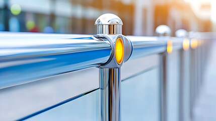 Modern outdoor stair railing with recessed LED strip lighting. Yellow light illuminates glass panels. Transparent rain-wet glass panels make up stair railing. Steel railing bars part of modern