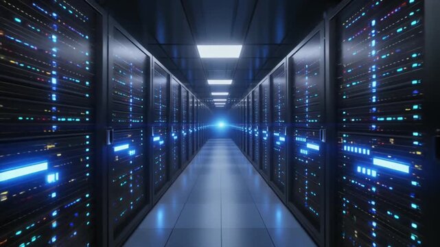 Light Tracking Along Data Center Aisle - Row of Blue-Lit Servers with Steady Blinking Indicators