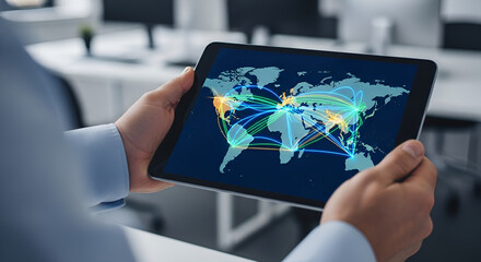 Visualize global connections using this tablet displaying a world map with vibrant lines, perfect for showcasing international business and digital networking concepts
