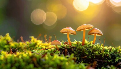 A cluster of small, delicate mushrooms emerges from a carpet of vibrant green moss, illuminated by the warm glow of sunlight.
