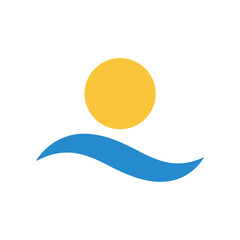 Stylized sun above a blue wave symbolizing warmth and water.