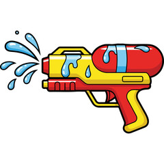 Brightly Colored Water Gun Shooting Water Splashes Isolated on White Background