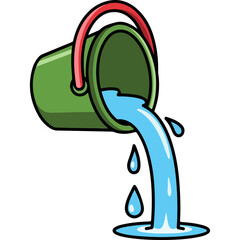 Green Bucket Pouring Water with Drops Isolated on White Background