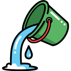 Green Bucket Spilling Water with Droplets and Splash on White Background