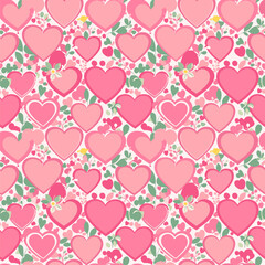 Seamless Pink Heart Pattern with Floral Elements. Cute Romantic Love Background Design.