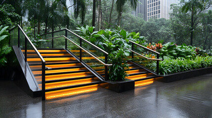 Modern outdoor stair railing with recessed LED strip lighting. Yellow light illuminates glass panels. Transparent rain-wet glass panels make up stair railing. Steel railing bars part of modern