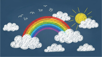 Obraz premium Bright and Cheerful Chalk Art Illustration of a Whimsical Sky with a Colorful Rainbow, Warm Sun, and Floating Clouds