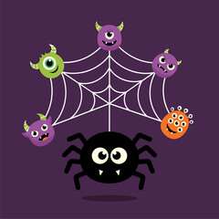 Cute Halloween cartoon illustration with a friendly spider and colorful monsters on a web.