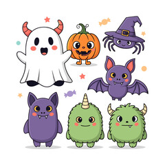 Cute Halloween Characters Vector Set. Adorable Ghost, Pumpkin, Bat, Spider, and Friendly Monsters Illustration.