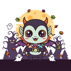 Adorable Halloween Vampire holding candy, surrounded by ghosts and spooky trees under a full moon, cute cartoon illustration