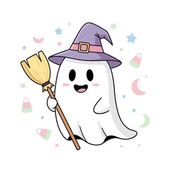 Whimsical Halloween Ghost Character with Witch Hat, Broom, and Candy Corn Illustration